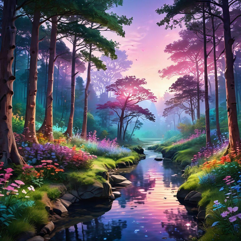 A serene digital landscape featuring a lush, vibrant forest made of glowing circuitry, symbolizing connection and exploration. Amidst the trees, whimsical heart-shaped flowers bloom, radiating warmth and joy, while a gentle stream flows with pixelated water, inviting travelers for a blissful journey. The sky above glows with soft pastel colors, enhancing the dreamlike quality of the scenery. super-realistic. vibrant colors. 3D.