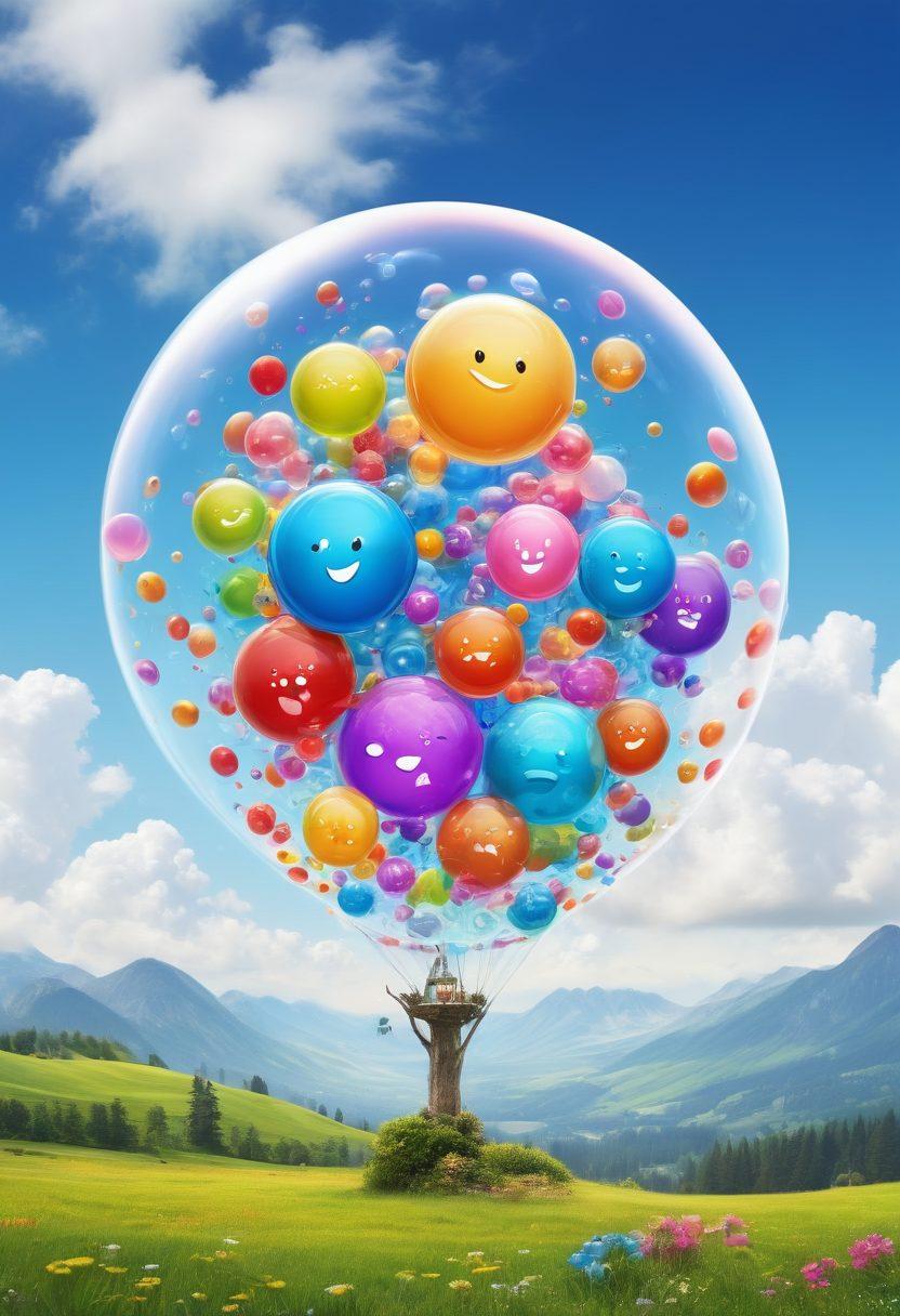 A joyful digital landscape filled with vibrant colors, showcasing various high-rated websites represented as colorful bubbles or spheres. Each bubble has delightful symbols like smiles, laughter, and happiness icons. The backdrop features a bright blue sky with fluffy white clouds, creating an uplifting and cheerful atmosphere. Include elements like animated characters engaging with the websites, amplifying the theme of delight. super-realistic. vibrant colors. white background.