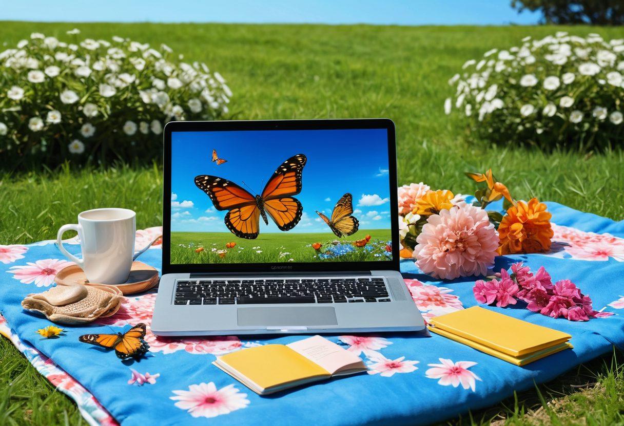 A serene landscape featuring an open laptop on a picnic blanket under a bright blue sky, surrounded by blooming flowers and playful butterflies, symbolizing online learning and joy. Include vibrant icons representing various online resources like eBooks, videos, and courses floating around the laptop. super-realistic. vibrant colors. dreamy atmosphere.